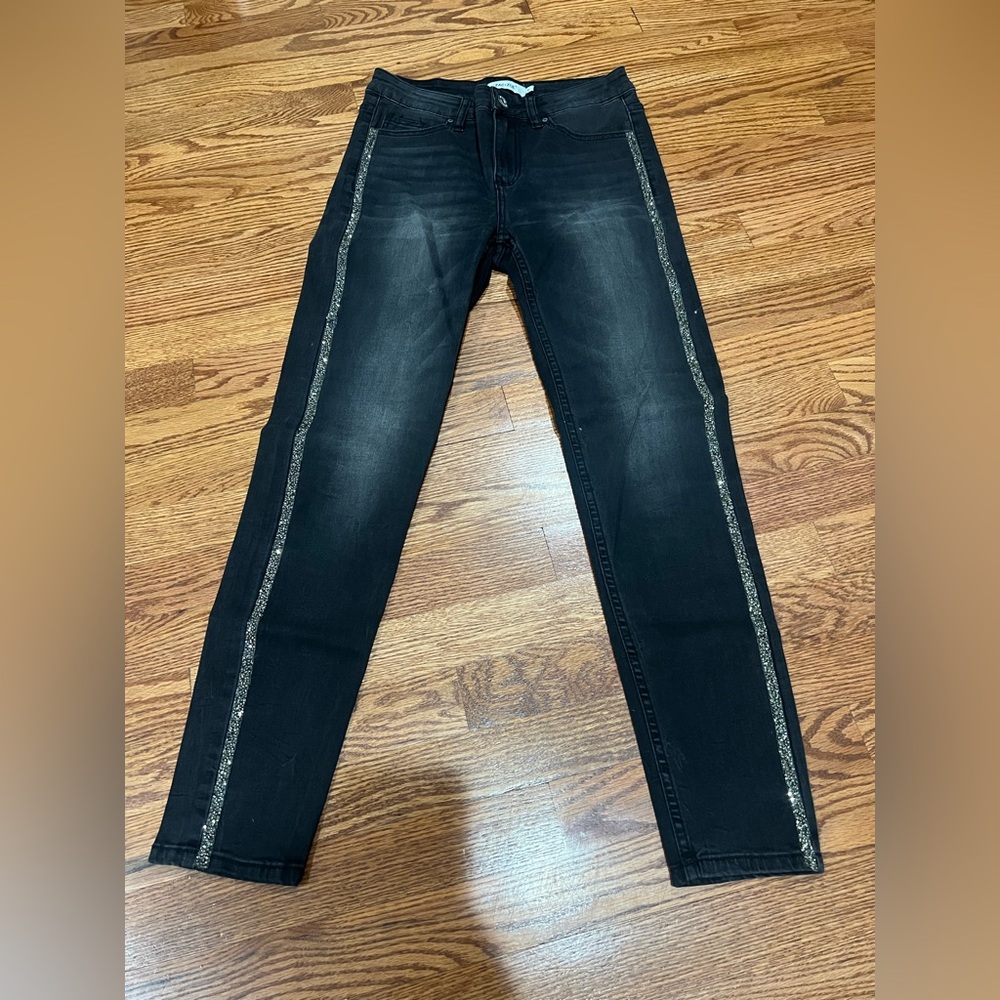 Zac & Zoe Women’s Jeans SzM/38 Black Skinny Denim Stretch Rhinestone Side Stripe